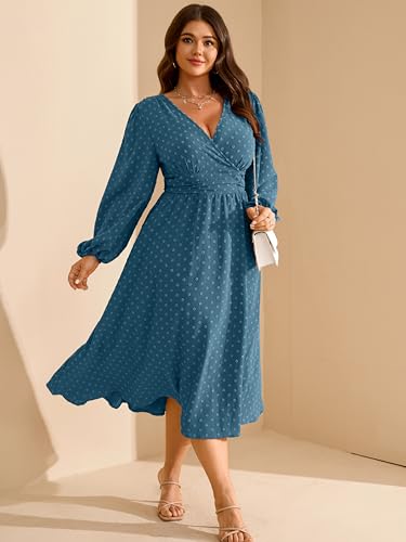 RWJ Women's Plus Size Fall Wedding Guest Dress V Neck Swiss Dot Long Sleeve - color: Dusty Blue, size: 3X-Large Plus