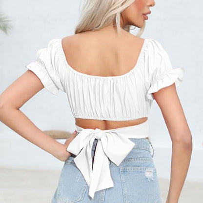 Women's Crop Tops Ruffle Short Sleeve Tie Back Off Shoulder Blouse - color: White, size: X-Small