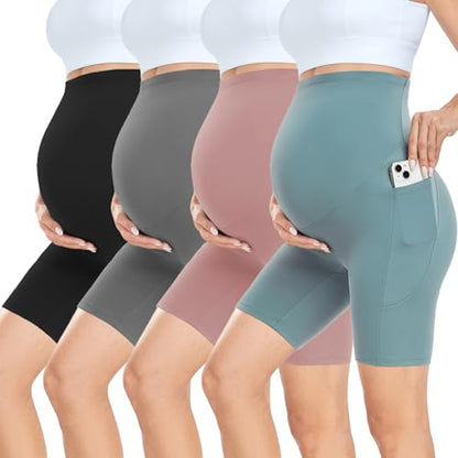 CTHH 4 Pack Soft Maternity Biker Shorts Over Belly with Pockets 8" - color: 01- Black/Grey/Pink/Cyan, size: X-Large