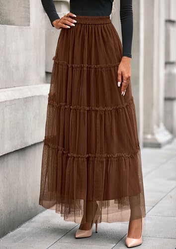 PRETTYGARDEN Women's Fall Soft Tulle Tiered Long Skirt - color: Brown, size: Medium