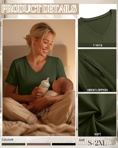 3 Pack Women's Nursing Tops Breastfeeding Shirts - color: Black, Mocha, Army Green, size: Large
