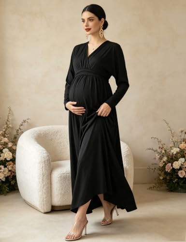 Maternity Long Sleeve V Neck Maxi Dress Tie Waist Flowy Maxi Gown - color: Black, size: Small