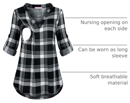 Joymom Maternity Rolled Long Sleeve Nursing Tops Tunic Blouses Breastfeeding - color: 1-4 Black White Plaid, size: Medium