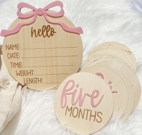 Monthly Baby Milestone Cards for Girls – 13 Wooden 3D Milestone Discs with Hello World Birth Announcement Sign – Newborn Photo Props for Baby Girl - color: Wooden