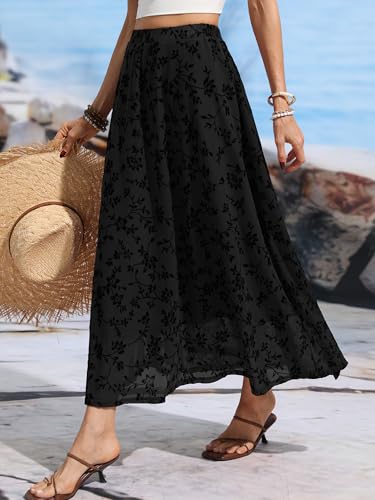 ELLEVEN Women’s Boho Floral Mesh Maxi Skirt - color: Black, size: Small