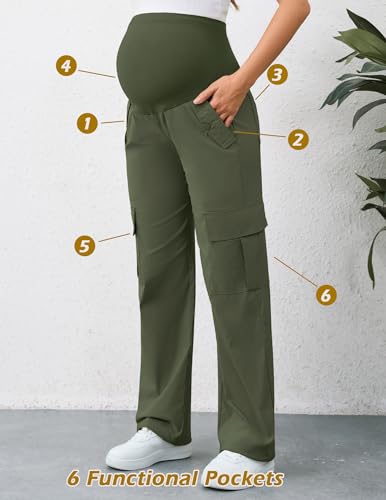 AMPOSH Women's Maternity Cargo Pants with 6 Pockets Quick-Dry Pregnancy Hiking Pants - color: Olive, size: X-Large