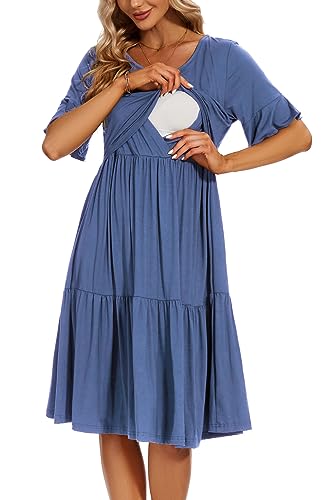Smallshow Women's Ruffle Maternity Nursing Dress - color: Grey Blue, size: X-Large