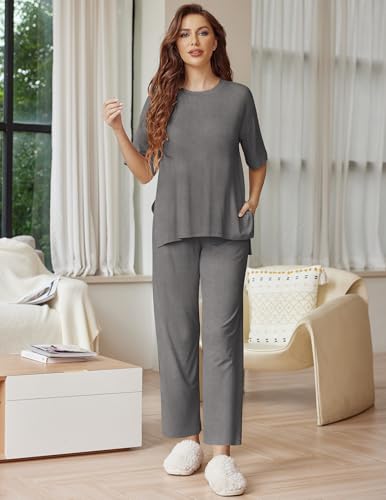 Ekouaer Lounge Sets for Women Soft Comfy Pajama Set 2 Piece Outfits - color: Dark Gray, size: Small