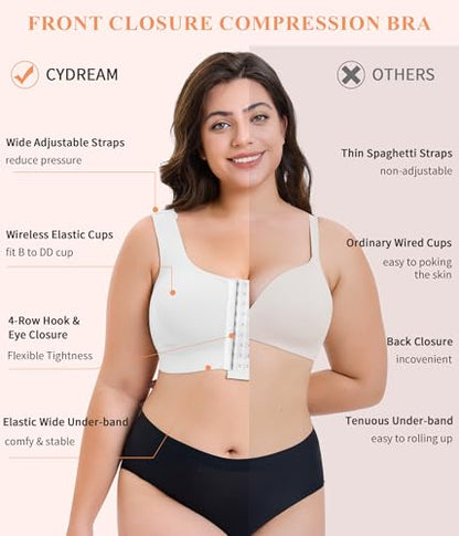 CYDREAM Wireless Front Closure Bra for Women Compression Back Smoothing Post Surgery Bra Adjustable Straps - color: White, size: Medium