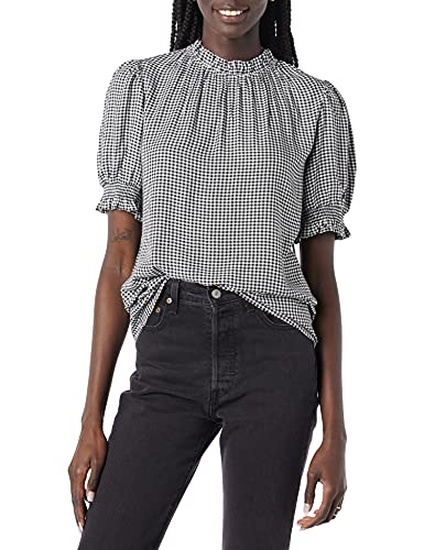 Amazon Essentials Women's Fluid Twill Short Puff Sleeve Ruffle Smock Detail Blouse - color: Black White Mini Gingham, size: Small