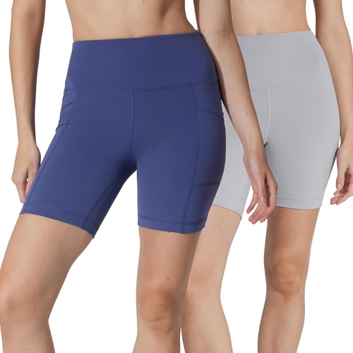 Yogalicious Womens 5”, 7” High Waisted Biker Shorts Squat Proof Workout Yoga Short 2 Pack - color: Skipperblue (W/Pocket) / Htr Grey (No Pocket) 7", size: X-Large