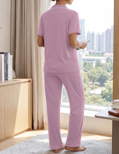 Womens Pajamas Sets 2 Piece Button Up Pj Sets Short Sleeve with Long Pant - color: Bean Pastes, size: XX-Large