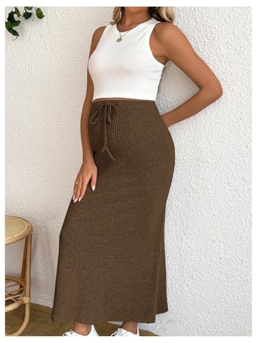 MakeMeChic Women's Maternity 2Pc Sets Crew Neck Crop Tank Tops Mid Skirt - color: Brown, size: Large