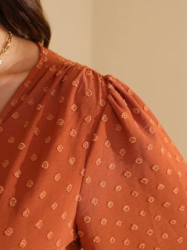 RWJ Women's Plus Size Fall Wedding Guest Dress V Neck Swiss Dot Long Sleeve - color: Burnt Orange, size: Large Plus