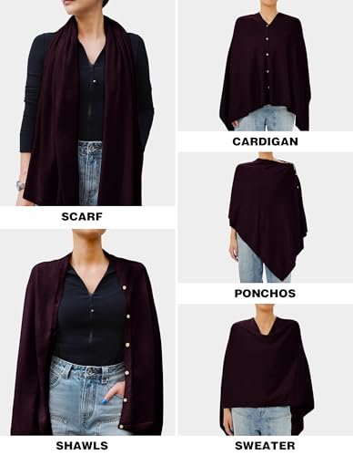 PULI Women's Versatile Knit Shawl Poncho Sweater Button Scarf - color: Burgundy