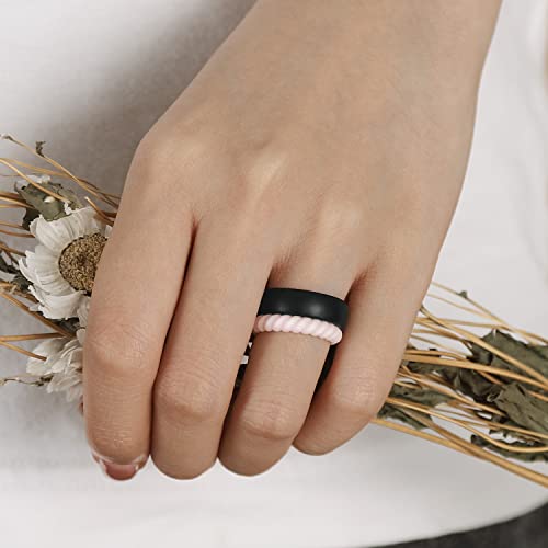 Egnaro Women's Stackable Silicone Rings, 2.5/5.5mm Wide 1.8/2mm Thick Bands - color: SETA5-Black,Black Glamour, Pink Sand, Ivory