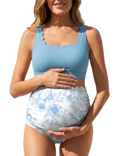 Scalloped Maternity Bikini Swimsuit Two Piece Bow Tie Swimwear - color: Blue and White Flowers, size: 10