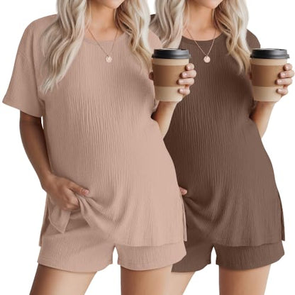 Riyiper 4 Pcs 100% Cotton Maternity Pajamas Sets - color: Beige, Light Brown, size: Small