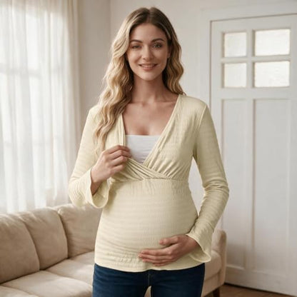 OUGES Women's Maternity Shirts Long Bell Sleeve Casual V Neck Tops Fall Fashion Textured Pregnancy Blouse - color: White, size: Small