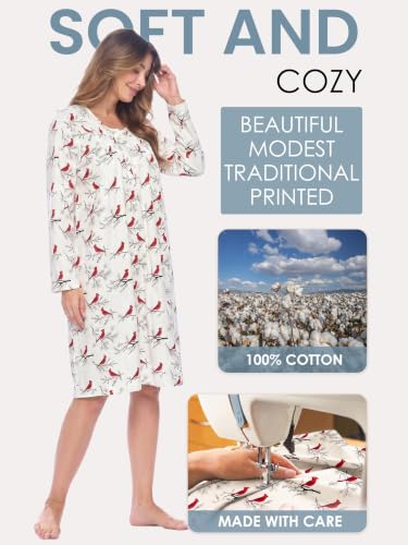 Casual Nights Women's Flannel Floral Long Sleeve Nightgown - color: White Snow Bird, size: Medium