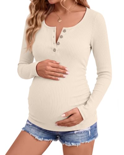 Maternity Long Sleeve Shirt Pregnancy Top - color: Apricot, size: Large
