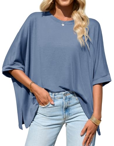 Tankaneo Womens Oversized Tshirts Batwing Short Sleeve Asymmetric Hem Tops - color: Blue Grey, size: Small