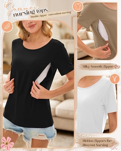 3 Pack Nursing Tops for Women - color: Khaki, White, Black, size: XX-Large