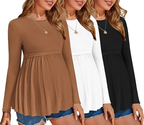 Ekouaer Maternity Shirts 3 Pack Pleated Long Sleeve Tops Pregnancy Clothes - color: Black/Brown/White, size: Medium