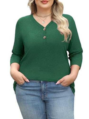 Womens Summer Plus Size 3/4 Length Sleeve Tops Button Down Shirts L-4XL - color: Green, size: 4X-Large