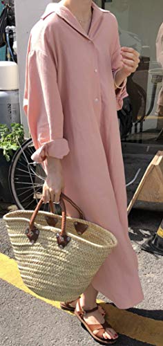 GGUHHU Womens Chic Button Down Rolled-Up Sleeve Long Cotton Blouse Maxi Dress - color: Light Pink, size: Large