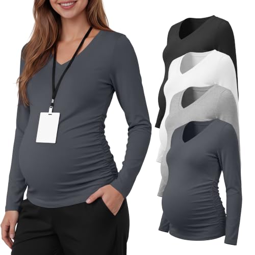 Neer 4 Pack Maternity Long Sleeve V Neck Under Scrub Tops - color: Black, White, Dark Gray, Light Heather Gray, size: Small
