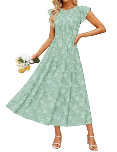 ZESICA Women's Summer Floral Boho Smocked Flowy Maxi Dress - color: Sage, size: Medium