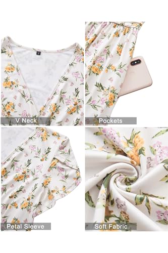 OUGES Women's Wrap V Neck Summer Maternity Photoshoot Dress with Pockets - color: Light Apricot Yellow Floral, size: X-Large