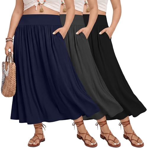 3 Pack Women's Plus Size Maxi Skirts - color: Black, Navy Blue, Charcoal Gray, size: XX-Large