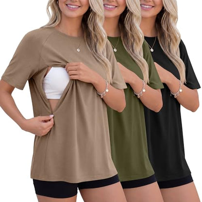 3 Pack Women's Oversized Nursing Tops - color: Khaki, Army Green, Black, size: X-Large