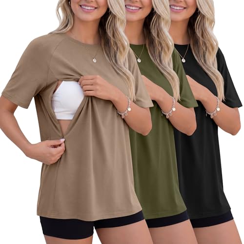3 Pack Women's Oversized Nursing Tops - color: Khaki, Army Green, Black, size: XX-Large