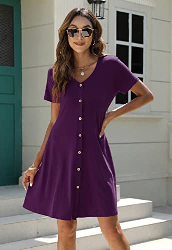 Manydress Women's Button Down Summer Dress Short Sleeve with Pockets - color: Dark Purple, size: XX-Large