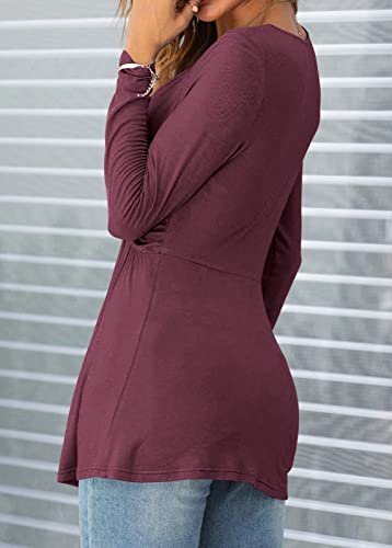 Tankaneo Women V-Neck Front Knotted Tshirt Long Sleeve Oversized Tunic Top - color: B22-fuchsia, size: Medium