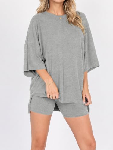 Fisoew Womens 2 Piece Lounge Set Ribbed Oversized T-Shirt Biker Shorts - color: Grey, size: Medium