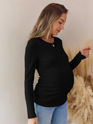Women's Maternity Fall Tops Long Sleeve Crew Neck Ribbed Knit Slim Fitted Blouse Side Ruched Pregnancy Shirts - color: Long Sleeve-black, size: Medium