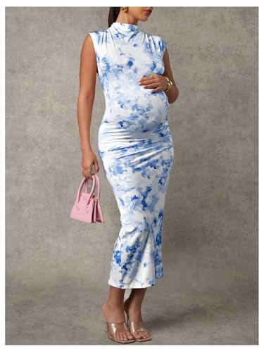 OYOANGLE Women's Maternity Floral Mock Neck Ruched Midi Dress - color: Blue, size: XX-Large