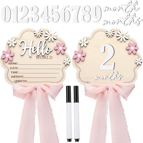 Amyhill Pink Bow Baby Announcement Sign Wooden 1-12 Monthly Milestone Blocks with Number Hello World Newborn Signs Pink Bow Baby's First Year Photo Prop Wood Newborn Shower Gift for New Parents