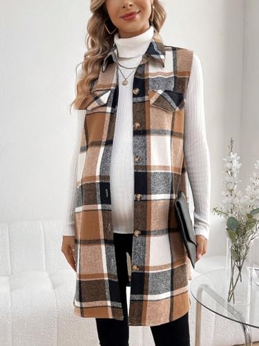 MakeMeChic Women's Maternity Plaid Flannel Vest Collared Pregnancy Coat - color: Brown, size: Large