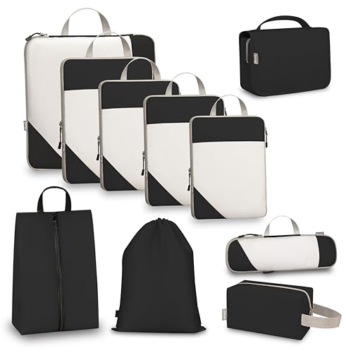Compression Travel Packing Cubes with White Mesh, Black, 10Pcs - color: Black, size: Set of 10