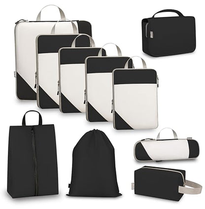 Compression Travel Packing Cubes with White Mesh, Black, 10Pcs - color: Black, size: Set of 10