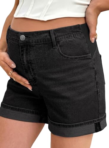 BLENCOT Women's Summer Maternity Jean Shorts Fold Hem Stretchy Denim Pants - color: Black, size: Medium
