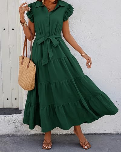 dowerme Women Ruffle Sleeve Button Belted Boho Maxi Dress - color: Dark Green, size: XX-Large