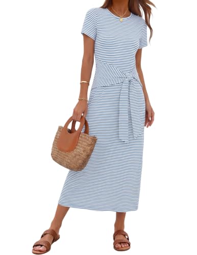 MEROKEETY Women's Summer T Shirt Casual Work Wrap Maxi Dresses - color: Stripe Blue, size: Medium