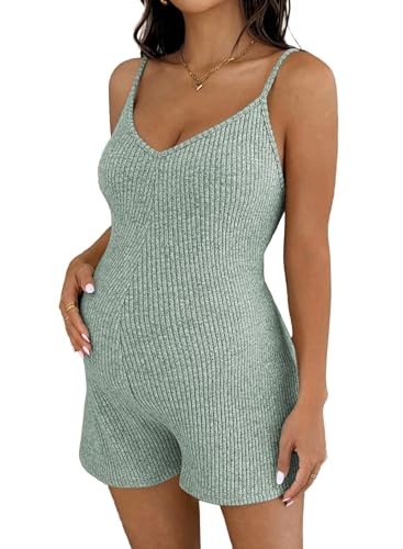 BLENCOT Maternity Ribbed Stretchy Romper V Neck One Piece Shorts Jumpsuits - color: Light Green, size: Small