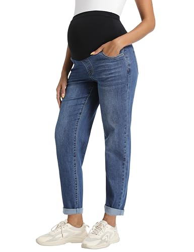 Foucome Maternity Boyfriend Jeans Over Belly Denim Pants - color: Dark Blue, size: Small